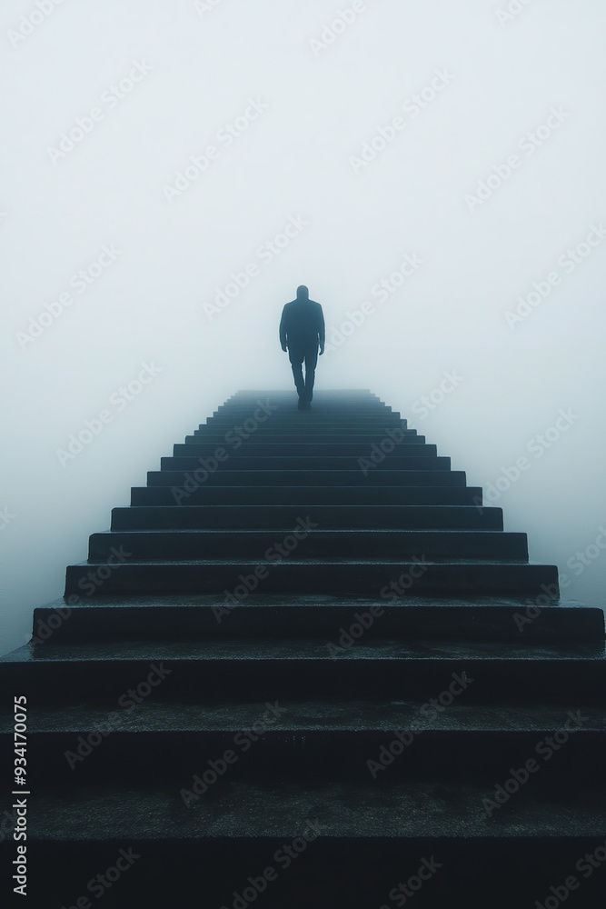 A man ascends a set of stairs leading into the unknown, symbolizing a journey of discovery A man ascends a set of stairs leading into the unknown, symbolizing a journey of discovery