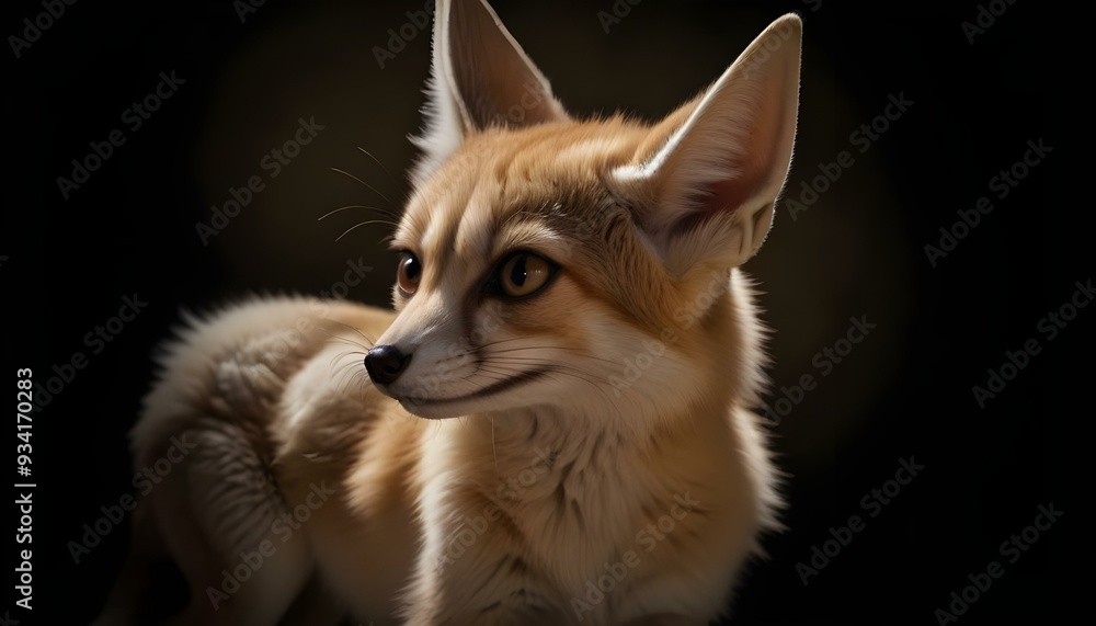 A fennec fox with large ears, soft fur, and a focused expression against a dark background A fennec fox with large ears, soft fur, and a focused expression against a dark background