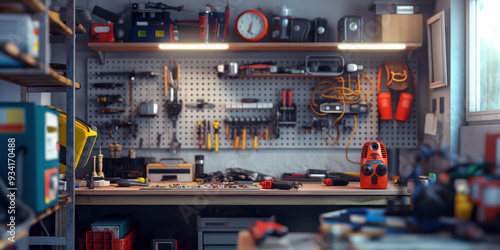 A workspace of an electrician, featuring a workbench with neatly arranged tools, and circuit board in progress,. photo