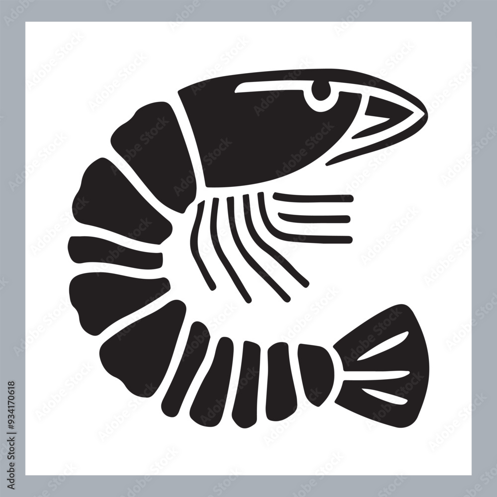 Obraz premium Black Shrimp Vector Silhouette , set of shrimp illustration. hand drawn black and white shrimp line art illustration, Shrimp icon vector art silhouette