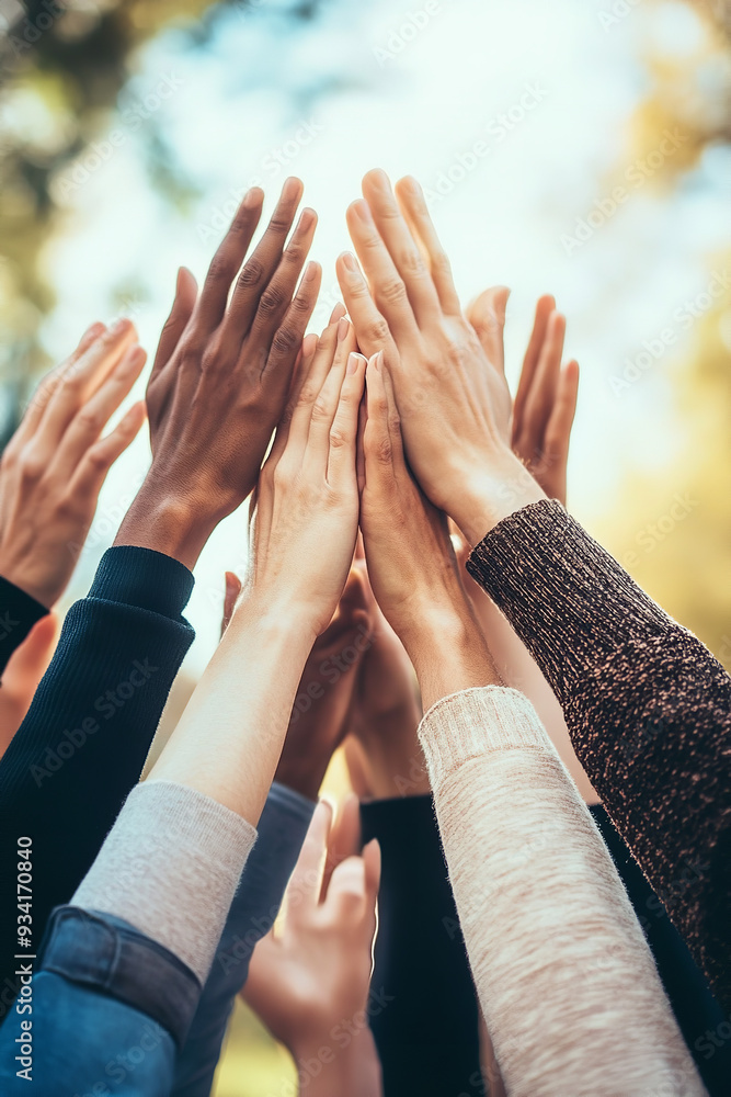 A powerful image shows hands united in the air, symbolizing collaboration and teamwork