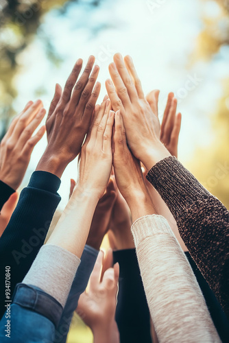 Obraz na płótnie A powerful image shows hands united in the air, symbolizing collaboration and teamwork w salonie