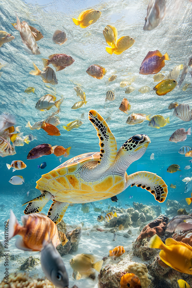 A sea turtle glides gracefully through crystal-clear water, surrounded by a vibrant array of colorful fish A sea turtle glides gracefully through crystal-clear water, surrounded by a vibrant array of colorful fish