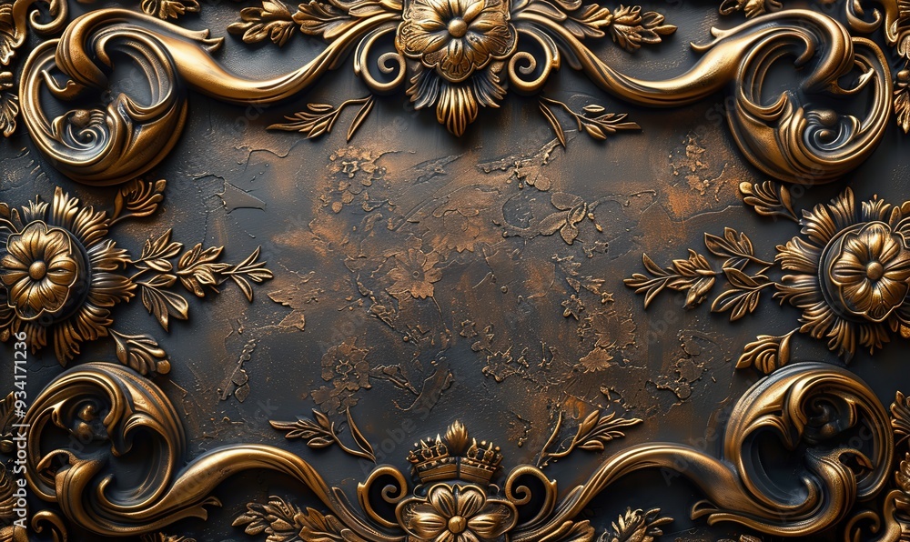 An elaborate baroque style frame with intricate gold scrollwork on a brown background, suggesting luxury and classic elegance An elaborate baroque style frame with intricate gold scrollwork on a brown background, suggesting luxury and classic elegance