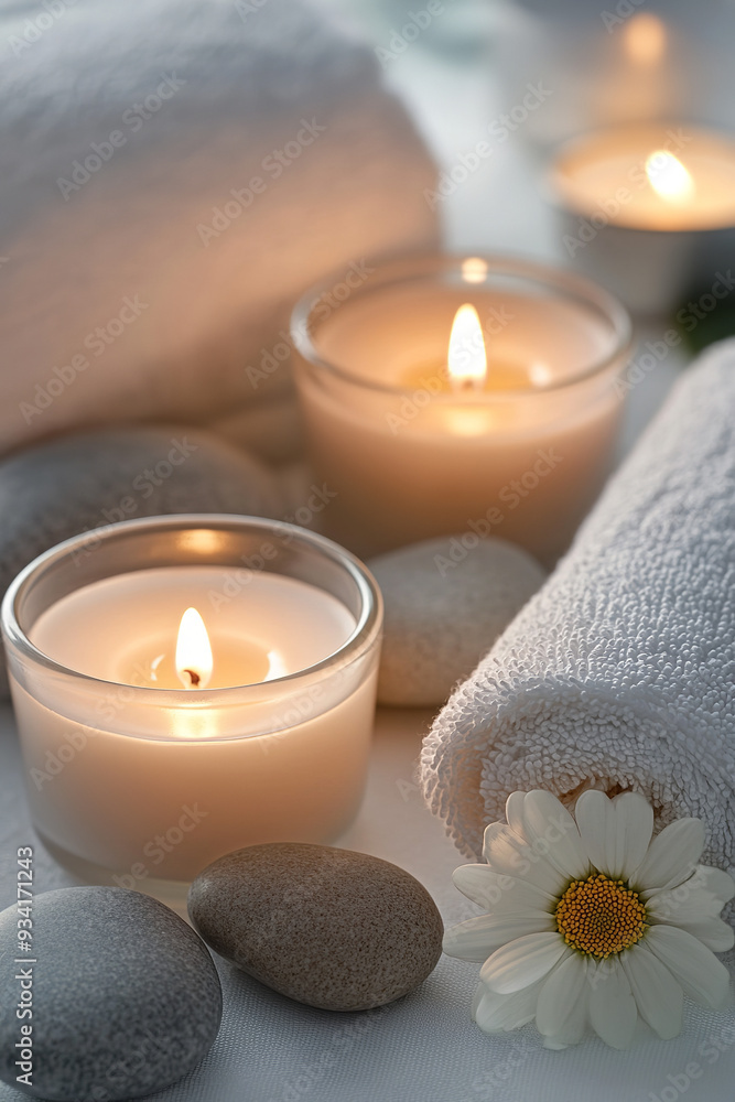 A serene spa still life features softly glowing aromatic candles, their warm light creating a calming ambiance A serene spa still life features softly glowing aromatic candles, their warm light creating a calming ambiance