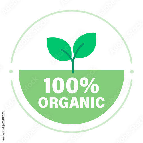 100% organic label stamp badge. Green round leaf sticker template. Nature, healthy, ecology, environment, guarantee concepts. Flat vector design isolated illustration.