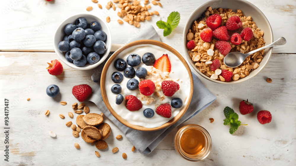 A healthy breakfast spread with granola, yogurt, and fresh berries A healthy breakfast spread with granola, yogurt, and fresh berries