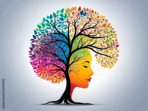 Colorful brain tree growing inside woman head represents strong mind full of emotions. 