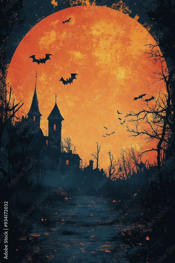 Fototapeta premium Eerie orange moon rises over a dark forest and spooky village at night