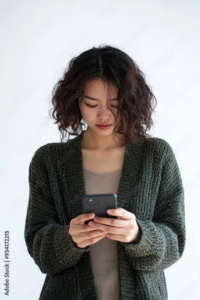 A woman is engrossed in her cell phone, her focus evident as she interacts with the device. Set against a clean white background A woman is engrossed in her cell phone, her focus evident as she interacts with the device. Set against a clean white background