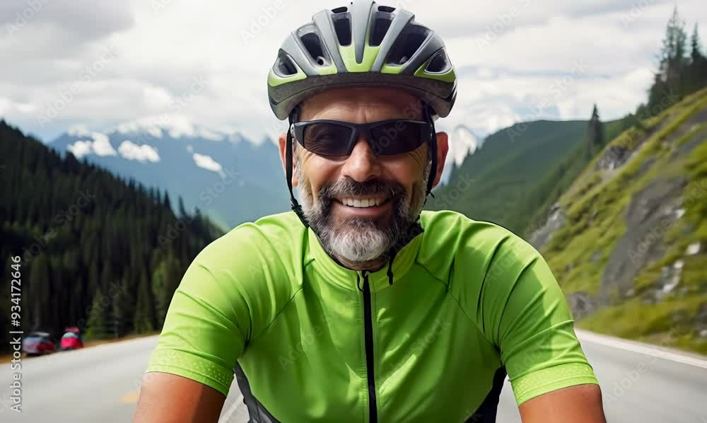 Portrait of smiling senior man in sportswear and sunglasses riding bicycle on mountain road Portrait of smiling senior man in sportswear and sunglasses riding bicycle on mountain road