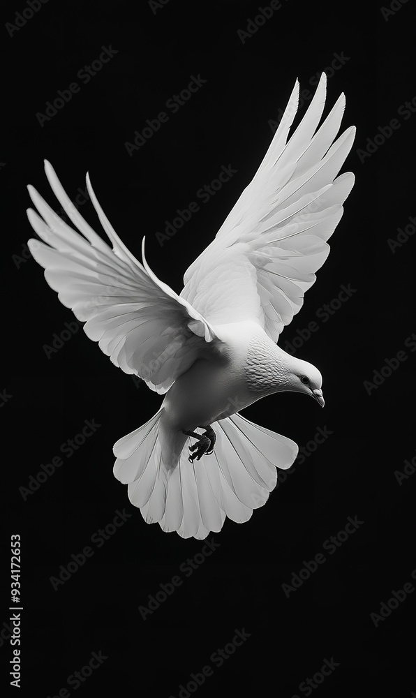 Black-and-white photograph of a dove in flight, against a black background