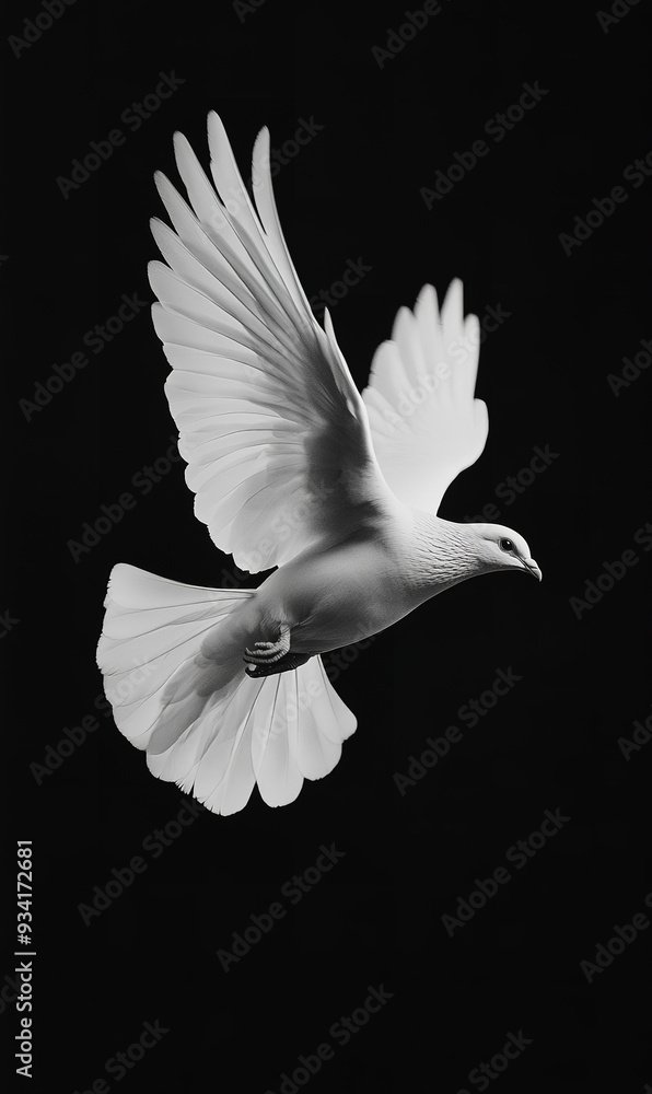 Black-and-white photograph of a dove in flight, against a black background