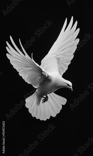 Obraz na płótnie Black-and-white photograph of a dove in flight, against a black background w salonie