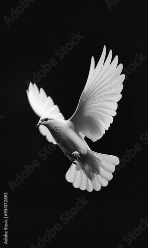 Black-and-white photograph of a dove in flight, against a black background