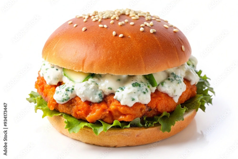 Buffalo Chicken Burger with Blue Cheese Dressing, top view, isolated on white background Buffalo Chicken Burger with Blue Cheese Dressing, top view, isolated on white background