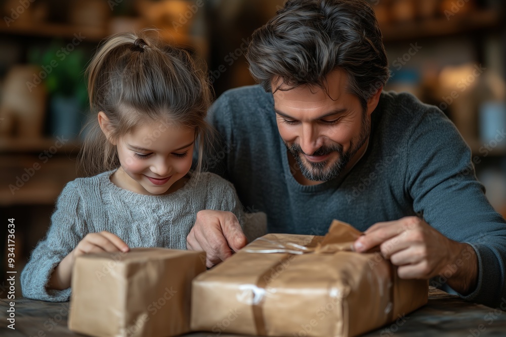 Father and daughter opening gifts together in a cozy room during the holiday season Father and daughter opening gifts together in a cozy room during the holiday season