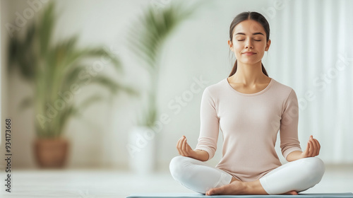 A girl in the lotus position meditates in a bright room. An empty space for the text. A banner for a yoga studio. photo