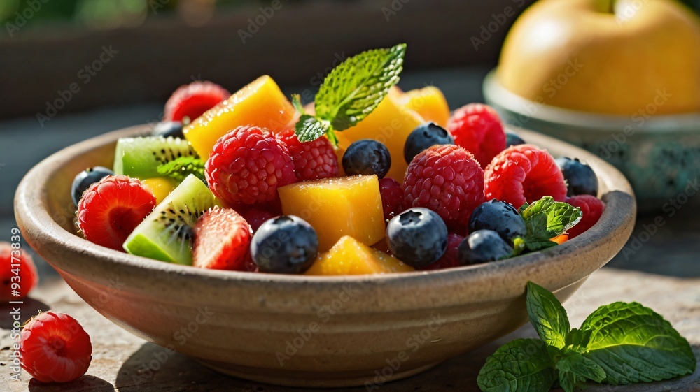 A fresh fruit salad showcases a delightful mix of vibrant berries and melons, elegantly arranged in a rustic bowl, perfect for a summer gathering or healthy snack A fresh fruit salad showcases a delightful mix of vibrant berries and melons, elegantly arranged in a rustic bowl, perfect for a summer gathering or healthy snack