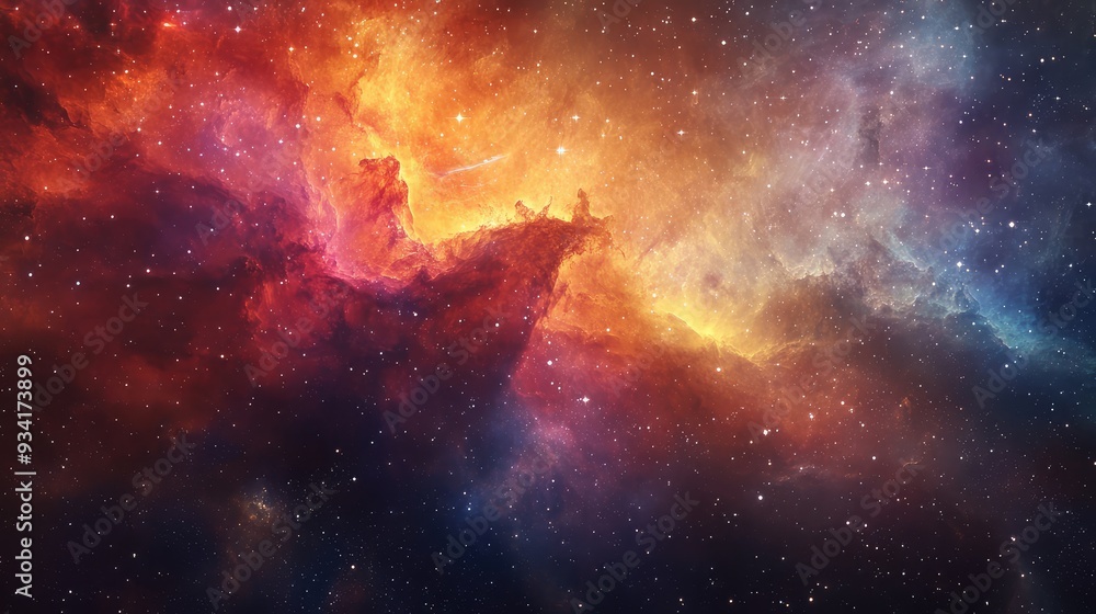 Naklejka premium Waves of nebulae swirling in cosmic harmony, a rich blend of colors with soft light transitions and starry accents.