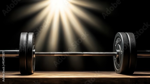 A close-up of a black weightlifting barbell illuminated by dramatic lighting, perfect for fitness and gym-themed projects. photo