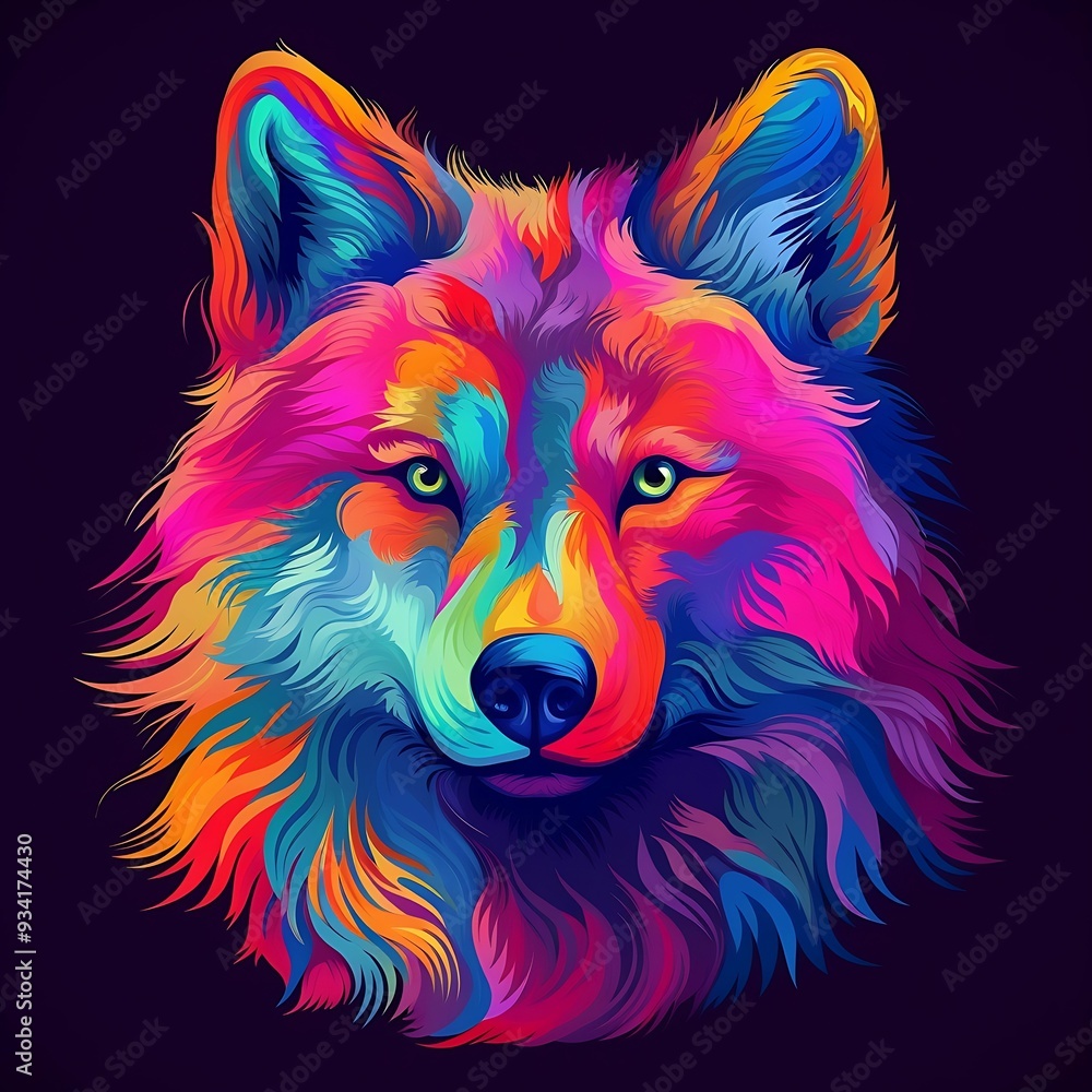 Colorful wolf illustration featuring vibrant hues and artistic flair against a dark background Colorful wolf illustration featuring vibrant hues and artistic flair against a dark background