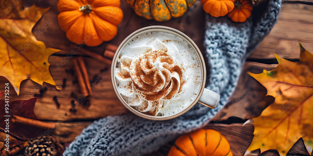 A top-down view of a Thanksgiving table set with a pumpkin spice latte in a decorative mug, topped with whipped cream and cinnamon, with mini pumpkins, fall leaves, and a warm, cozy setting.