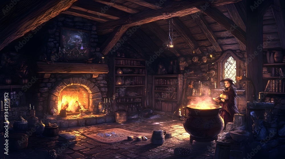 Mystical Witch Brewing Potent Potions in a Cozy Rustic Cabin with Occult Artifacts and Arcane Mystical Witch Brewing Potent Potions in a Cozy Rustic Cabin with Occult Artifacts and Arcane