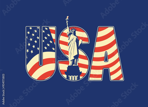 USA letters in the colors of the American flag with the Statue of Liberty on blue background. Vector banner, poster, flyer, t-shirt design, greeting card or design element in flat style