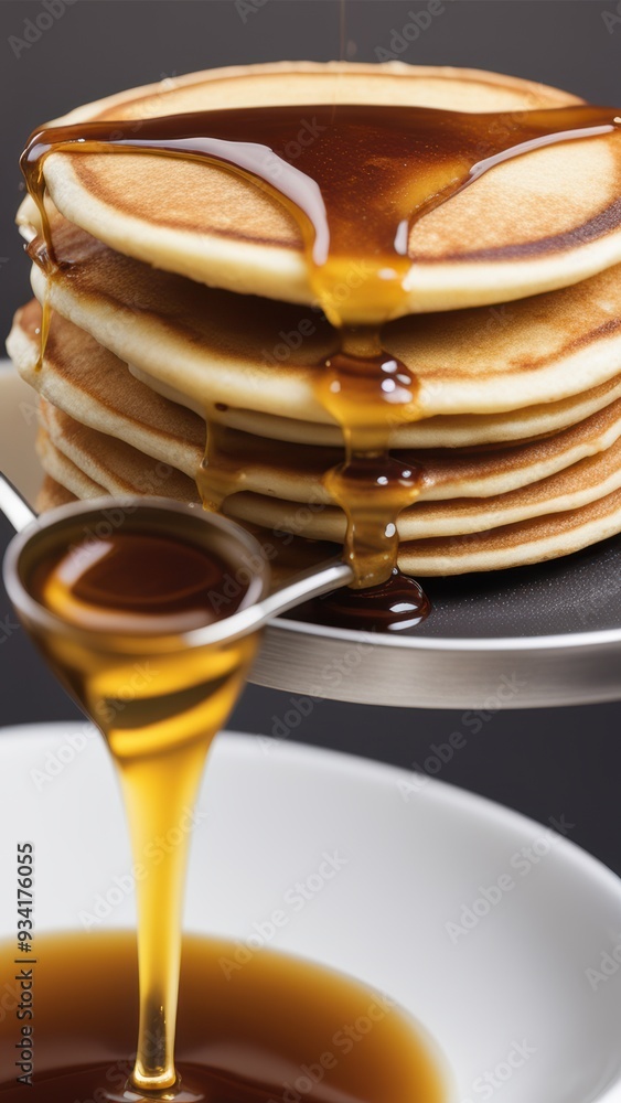 Golden-brown pancakes with syrup cascading down surrounded by kitchen elements. Golden-brown pancakes with syrup cascading down surrounded by kitchen elements.