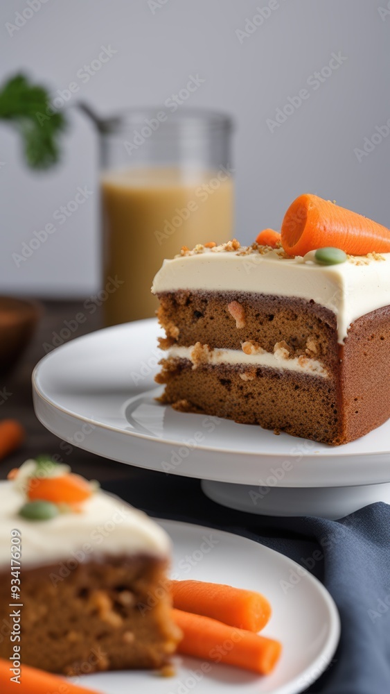 Carrot cake slice on white plate with parsley garnish and carrot slices accompanied by a glass of milkshake and additional cake slices. Carrot cake slice on white plate with parsley garnish and carrot slices accompanied by a glass of milkshake and additional cake slices.