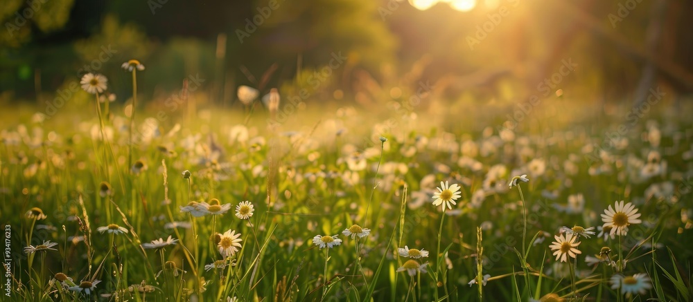 Obraz premium Sunny Meadow With Flowers And Green Grass In Spring At Countryside