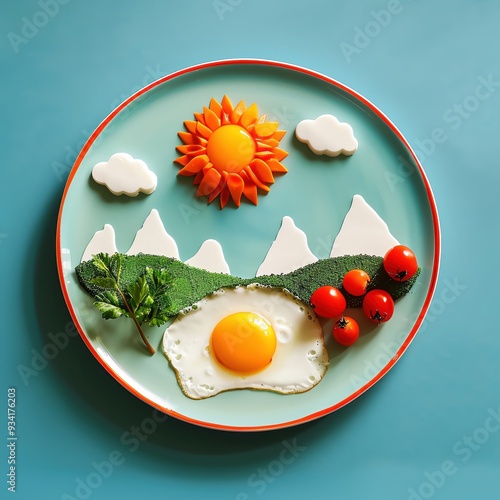 A creative and colorful plate of food art featuring eggs, vegetables, and a sunny design resembling a scenic landscape.