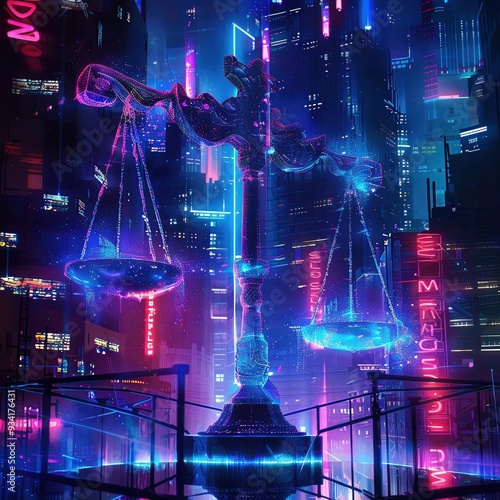 A futuristic cityscape featuring a neon-lit scale of justice symbolizing law and order.