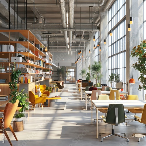 A modern, bright office space with large windows, greenery, and stylish furniture, fostering creativity and productivity.