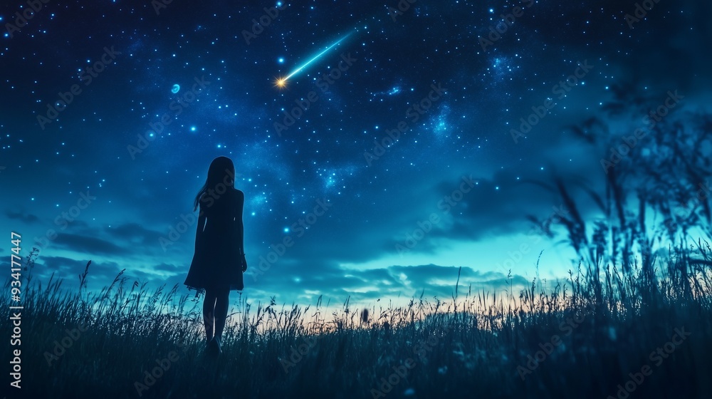 A girl makes a wish on a falling star on a clear night. A young girl admires the starry sky. A girl makes a wish on a falling star on a clear night. A young girl admires the starry sky.