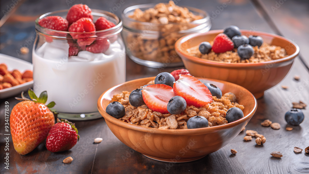 A healthy breakfast spread with granola, yogurt, and fresh berries A healthy breakfast spread with granola, yogurt, and fresh berries