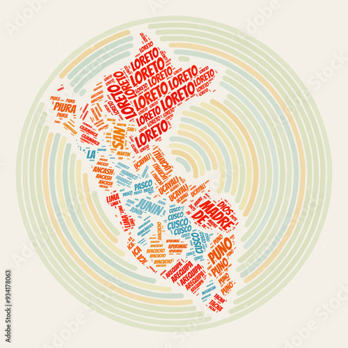 Peru Round Poster. Typography style image of Country. Regions word clouds of Peru. Vintage image design with scratch texture.