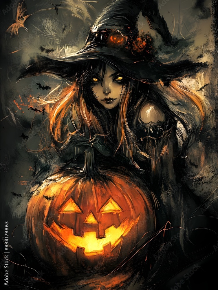Mesmerizing Witch and Vibrant Carved Pumpkin in Haunting Halloween Artwork Mesmerizing Witch and Vibrant Carved Pumpkin in Haunting Halloween Artwork