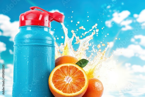 A vibrant blue water bottle accompanied by fresh oranges, splashing juice under a sunny sky, perfect for summer hydration. photo