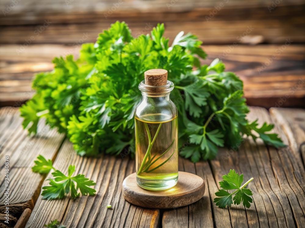 Natural parsley essential oil in a glass vial sits on a worn wooden table, evoking a sense of healthy eating and herbal remedy in a cozy rustic setting. Natural parsley essential oil in a glass vial sits on a worn wooden table, evoking a sense of healthy eating and herbal remedy in a cozy rustic setting.