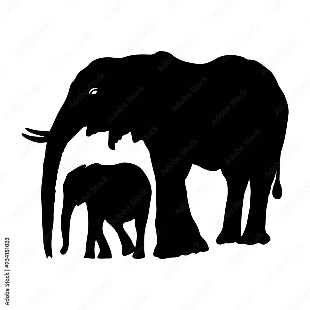Fototapeta premium Silhouette of elephant with her baby. Silhouette of elephants. Elephant shadow hand drawn. Animal Elephant Silhouette
