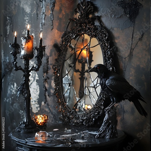 Foreboding Gothic Halloween Tableau with Wrought Iron Candelabra Shattered Mirror and Ominous Raven