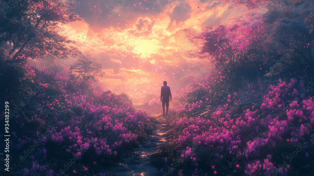 Fototapeta premium Silhouette of a person walking through a mystical flower-filled landscape at sunset