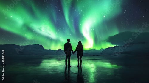 Couple in love holding hands against the backdrop of the northern lights. Postcard for February 14