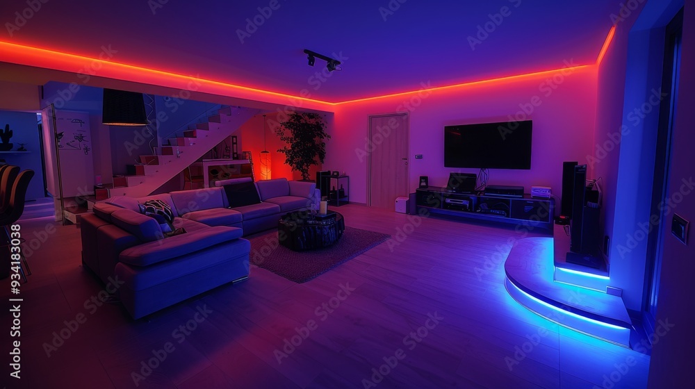 An inviting basement lounge illuminated by colorful LED strips, adorned with a comfortable sectional sofa and a large-screen TV An inviting basement lounge illuminated by colorful LED strips, adorned with a comfortable sectional sofa and a large-screen TV