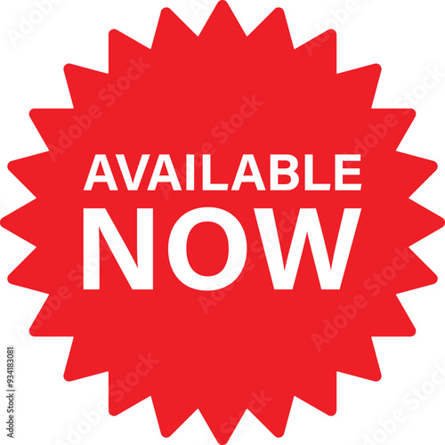 Available now label . Red available now icon . Vector illustration