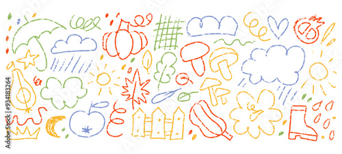 Abstract cute shape doodle hand drawn Autumn illustrations. Pencil textured childish elements. Vector collections of isolated items.