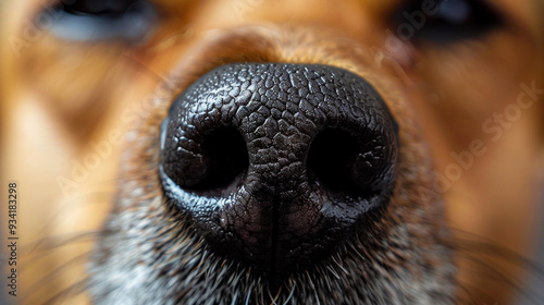 Close-up of a dog's wet nose, centered in the frame with no distractions photo