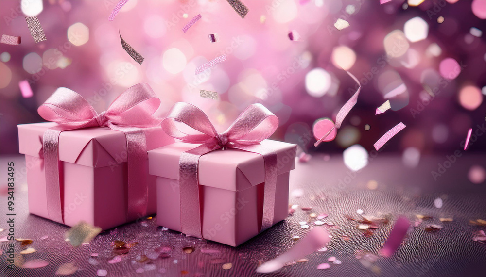 Gift box with confetti on pink background Gift box with confetti on pink background